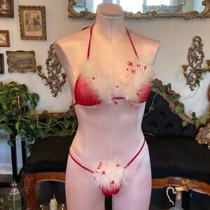 Vintage Risque Faux Fur Halter Bra & Panty 2 Piece Set Tie Back High Cut One Sz